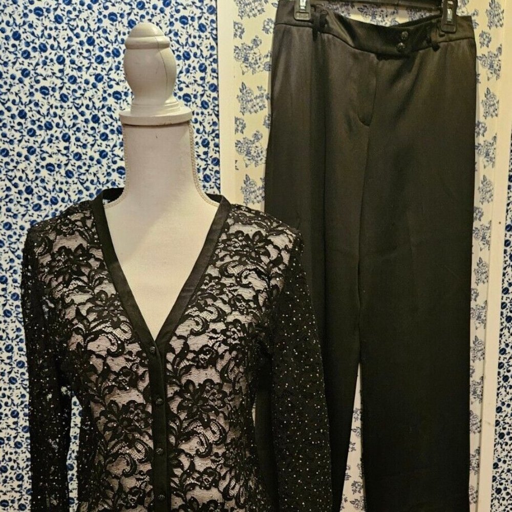 Gorgeous St John Evening Black Pant Suit Silk Pants, Semi-Sheer Cardigan Sz 8-10